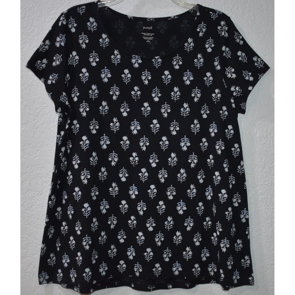 J. Jill Pure Jill Top Medium Petite Elliptical Tee Black Floral 100% Pima Cotton